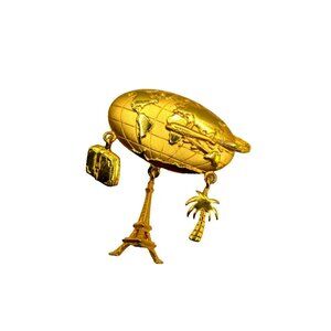 Vintage JJ Jonette Travel Brooch – Globe & Charms, Gold Tone, 1980s Figural
